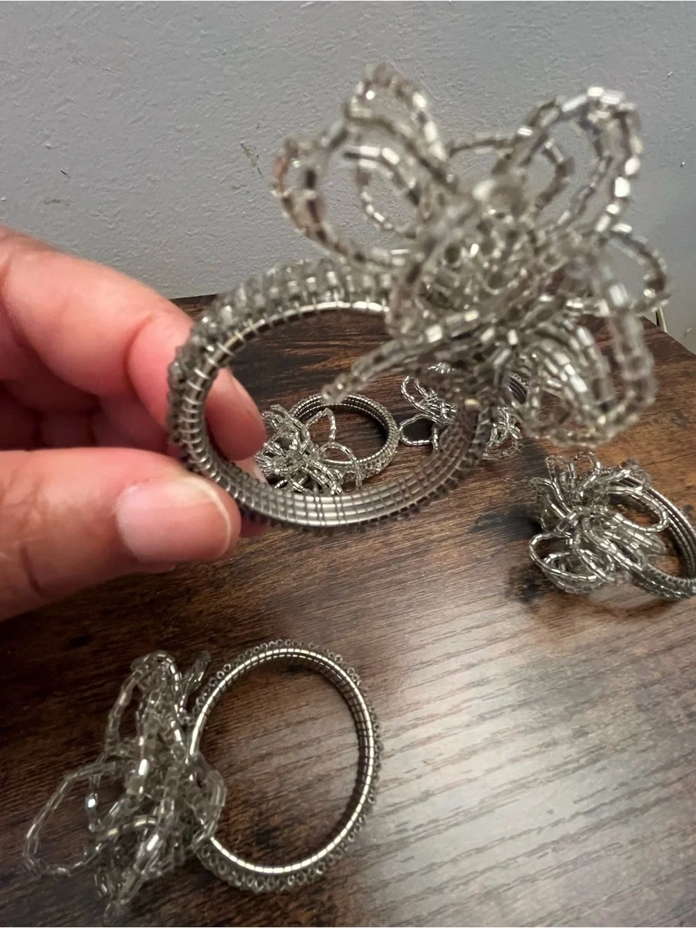 Bling Glass Beaded Napkin Ring Holders 5 Silver Table Setting Dinner Fairy